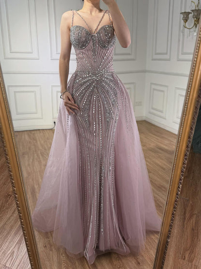 Luxury Nude Spaghetti Strap Mermaid Evening Dress with Overskirt Beaded LA73090A