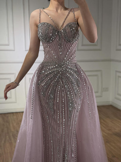 Luxury Nude Spaghetti Strap Mermaid Evening Dress with Overskirt Beaded LA73090A
