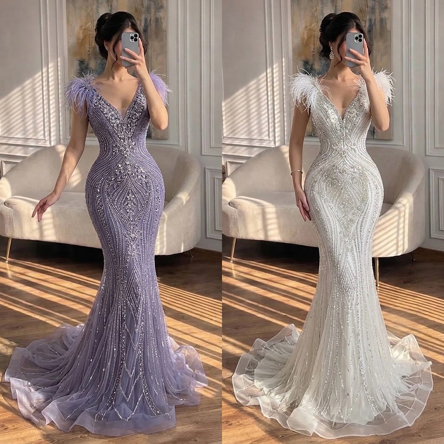 Luxury Purple Crystal Beaded Mermaid Dress with Feathers LA73098A