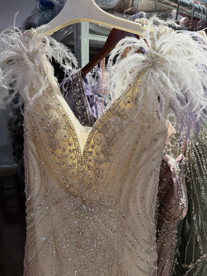 Luxury Purple Crystal Beaded Mermaid Dress with Feathers LA73098A