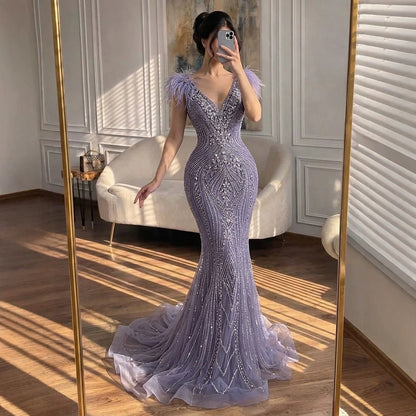 Luxury Purple Crystal Beaded Mermaid Dress with Feathers LA73098A