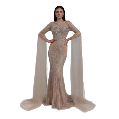 Wasisi Luxury Nude Beaded Evening Dress With Cape LA73115A