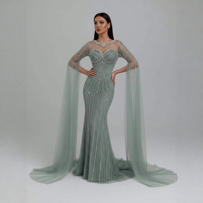 Wasisi Luxury Nude Beaded Evening Dress With Cape LA73115A