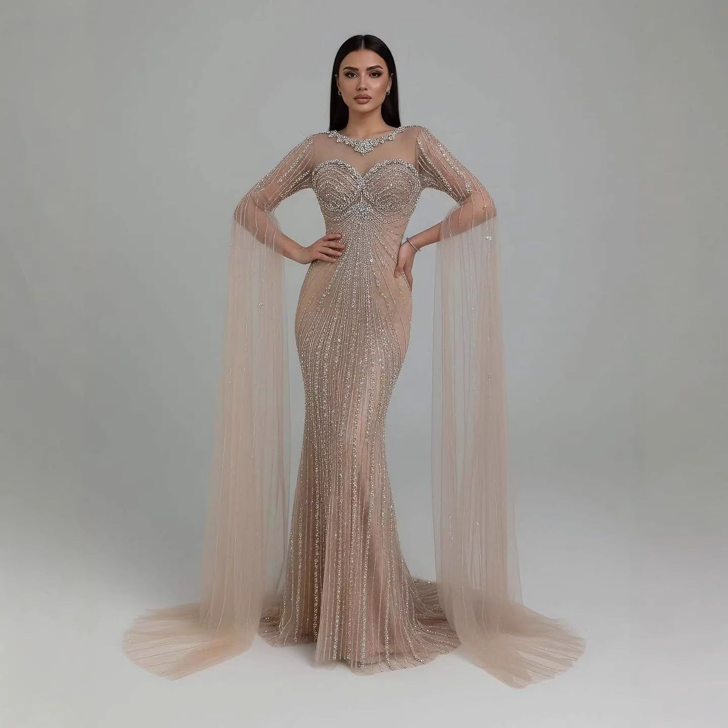 Wasisi Luxury Nude Beaded Evening Dress With Cape LA73115A