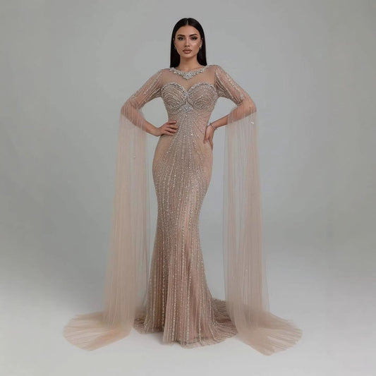 Wasisi Luxury Nude Beaded Evening Dress With Cape LA73115A