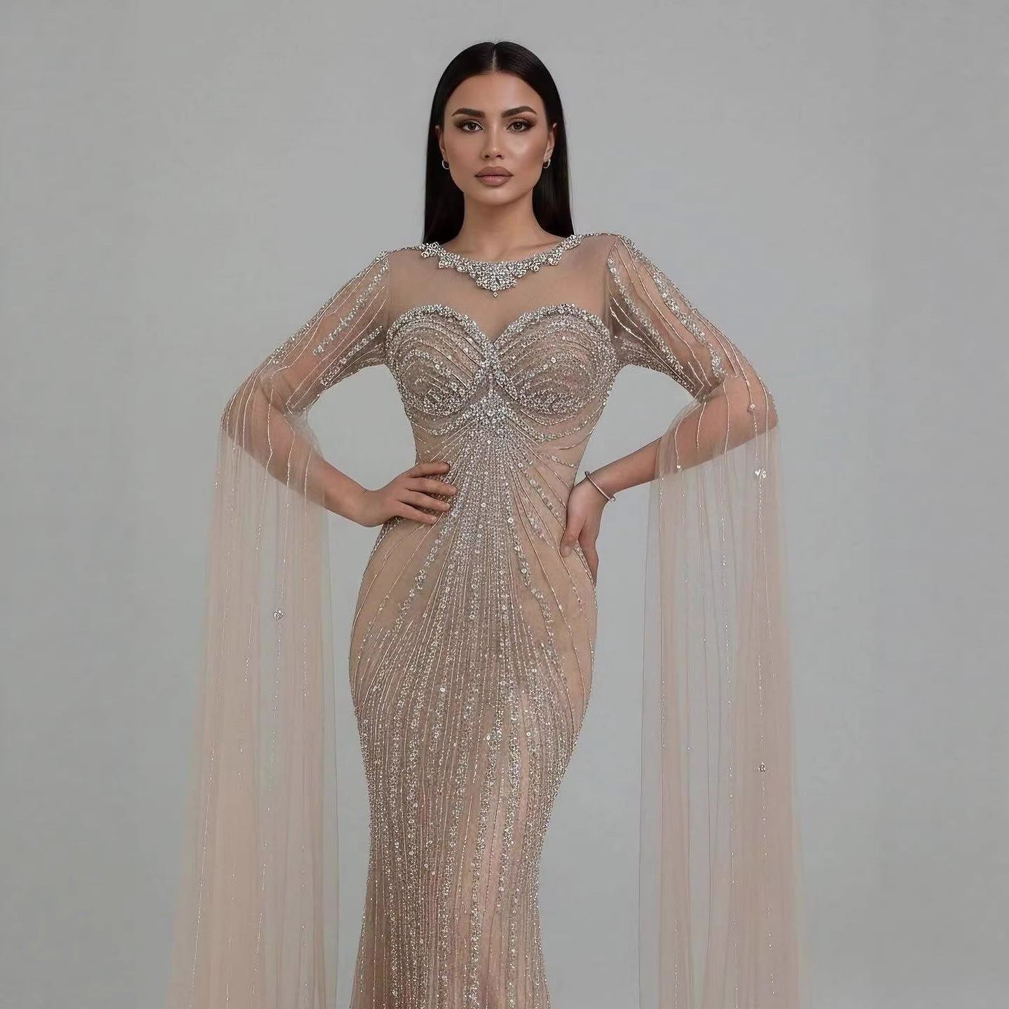 Wasisi Luxury Nude Beaded Evening Dress With Cape LA73115A