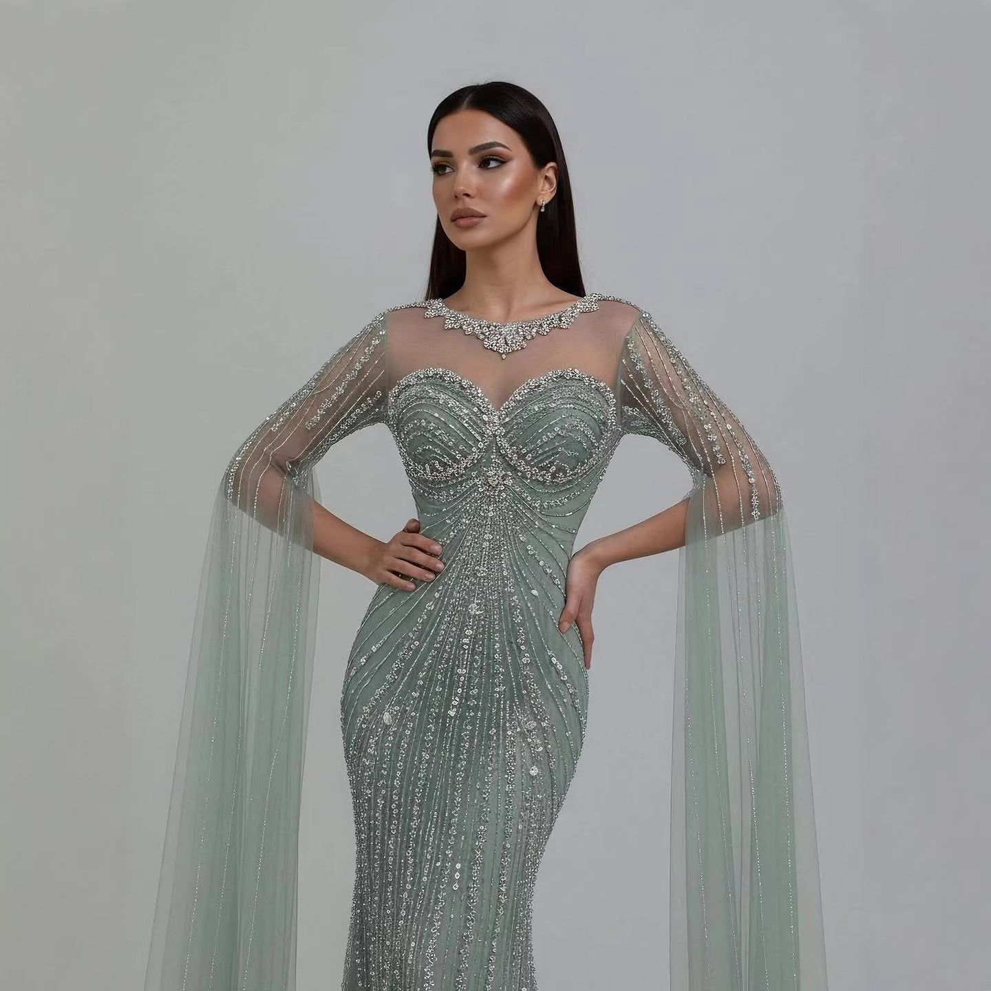 Wasisi Luxury Nude Beaded Evening Dress With Cape LA73115A
