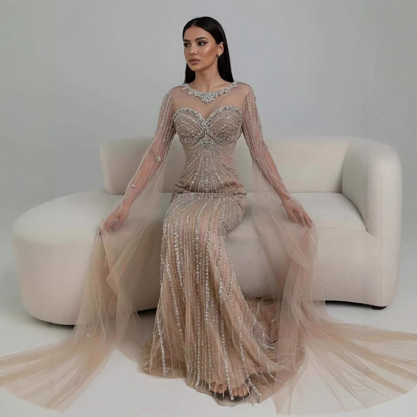 Wasisi Luxury Nude Beaded Evening Dress With Cape LA73115A
