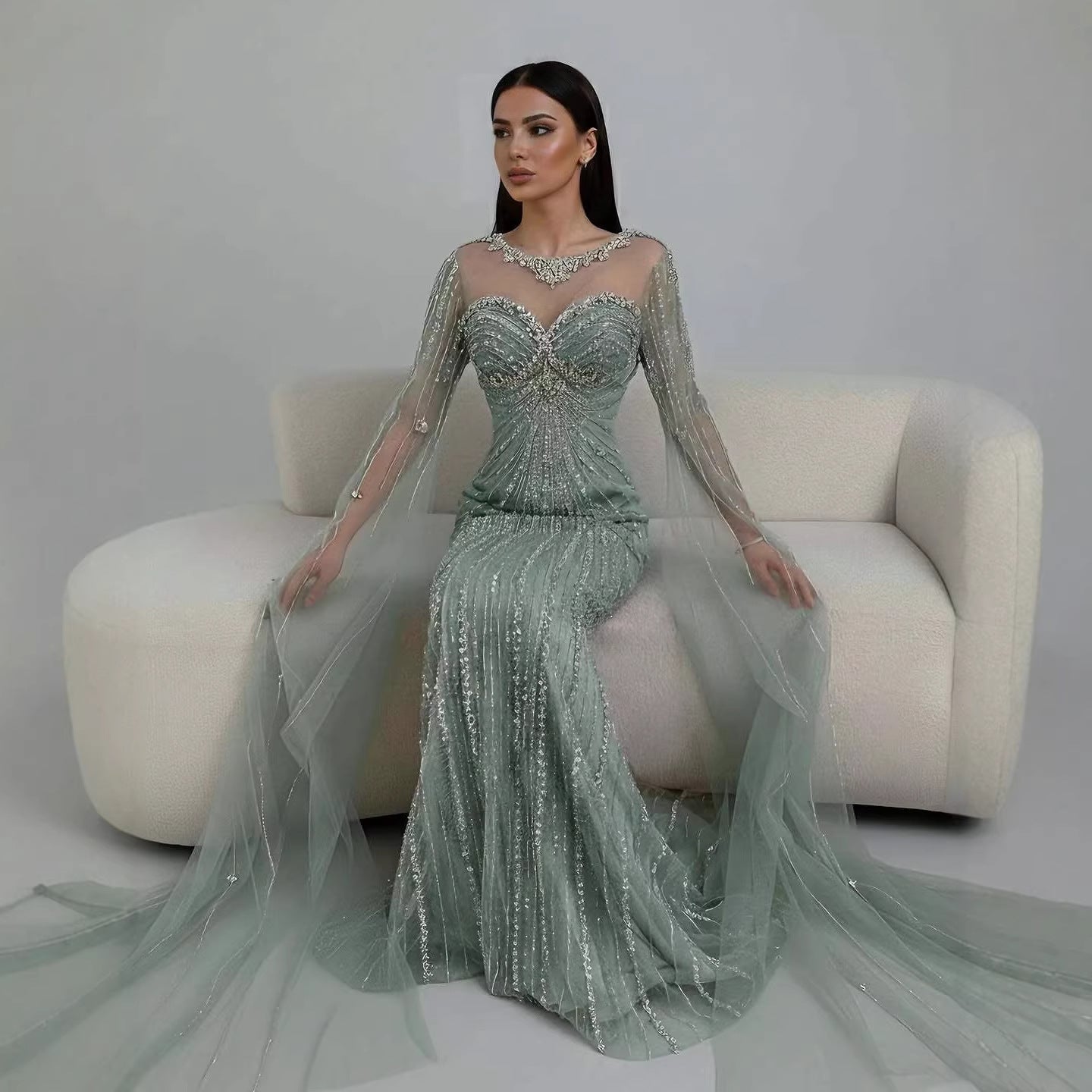 Wasisi Luxury Nude Beaded Evening Dress With Cape LA73115A