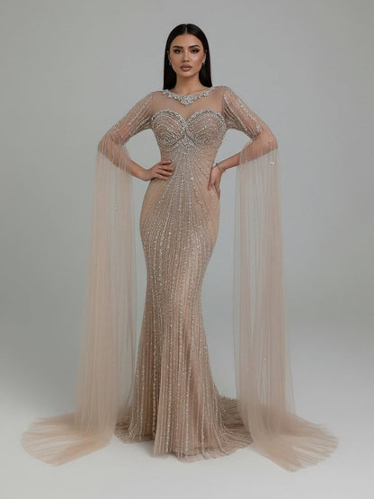 Wasisi Luxury Nude Beaded Evening Dress With Cape LA73115A
