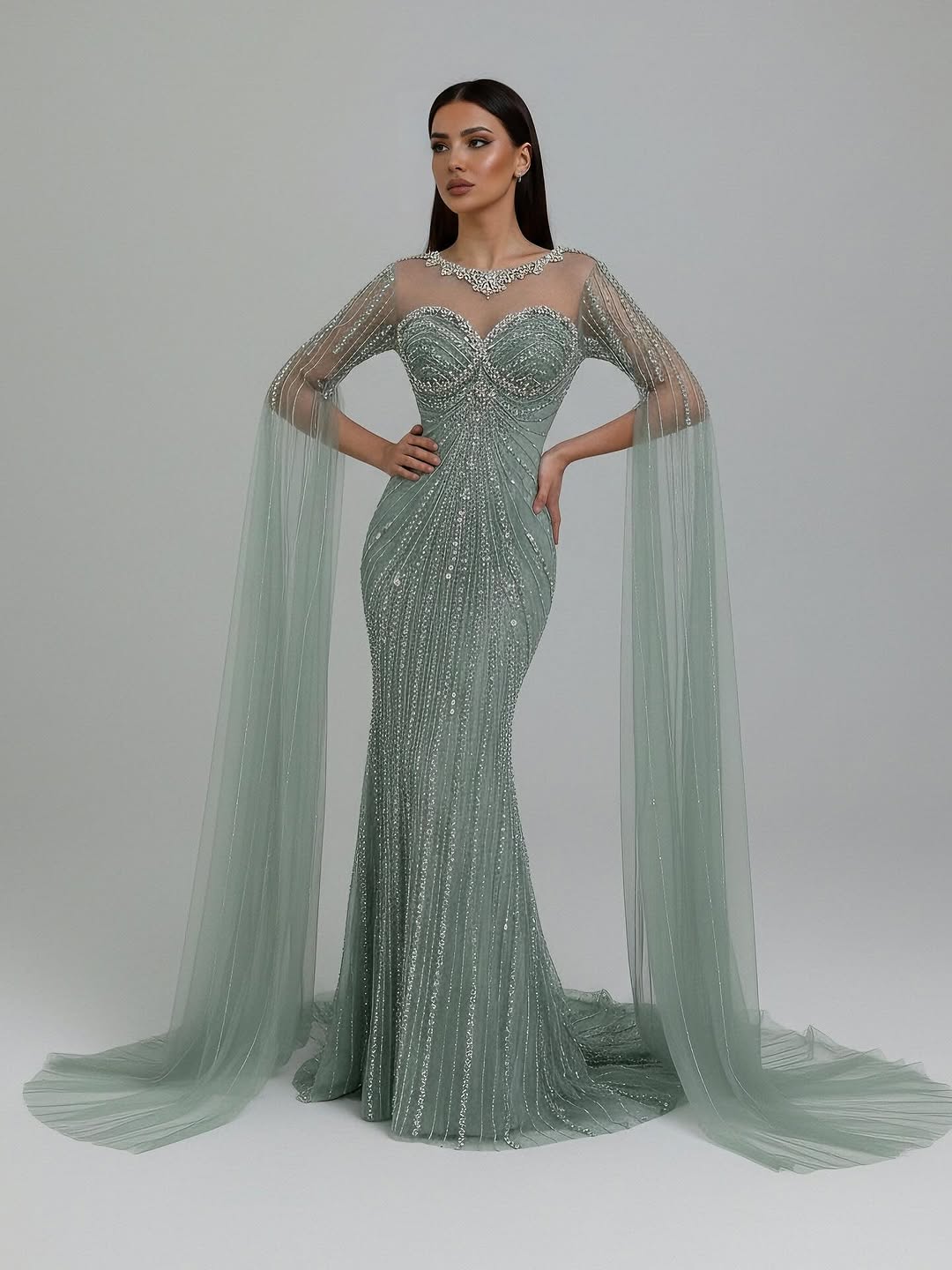Wasisi Luxury Nude Beaded Evening Dress With Cape LA73115A