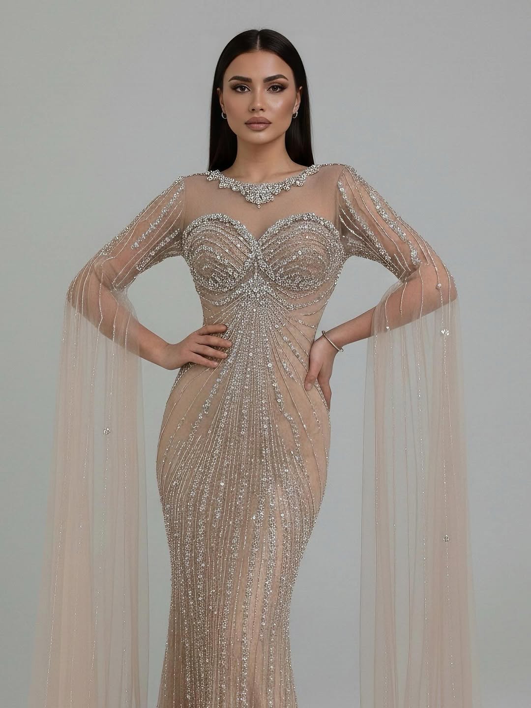 Wasisi Luxury Nude Beaded Evening Dress With Cape LA73115A