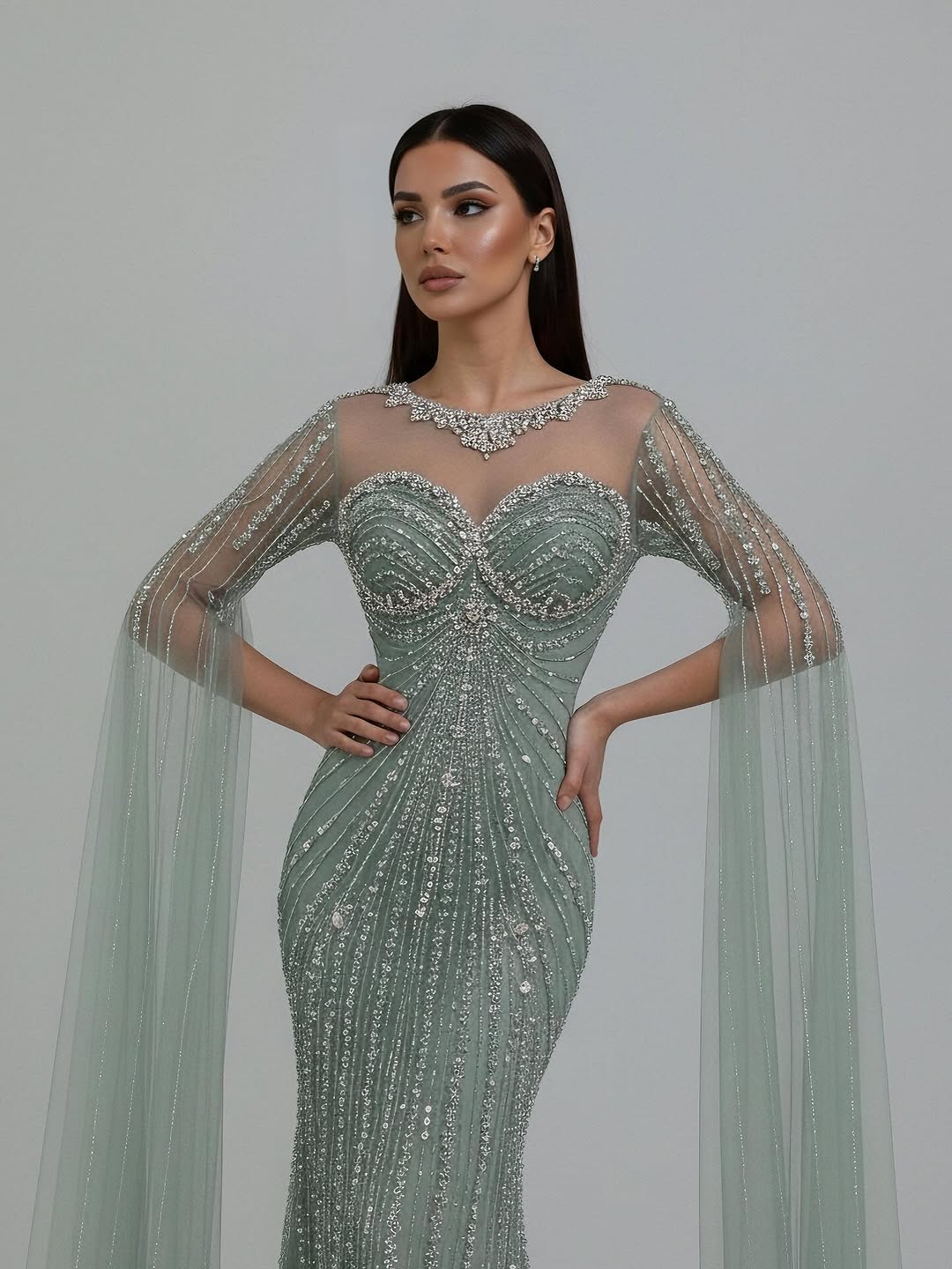 Wasisi Luxury Nude Beaded Evening Dress With Cape LA73115A