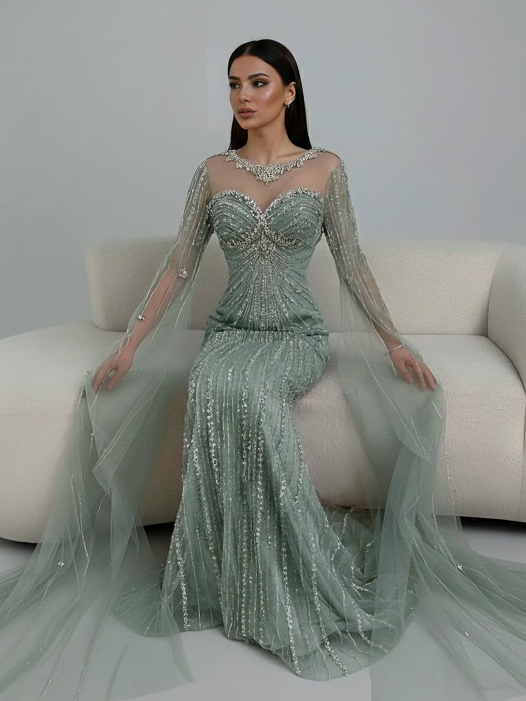 Wasisi Luxury Nude Beaded Evening Dress With Cape LA73115A