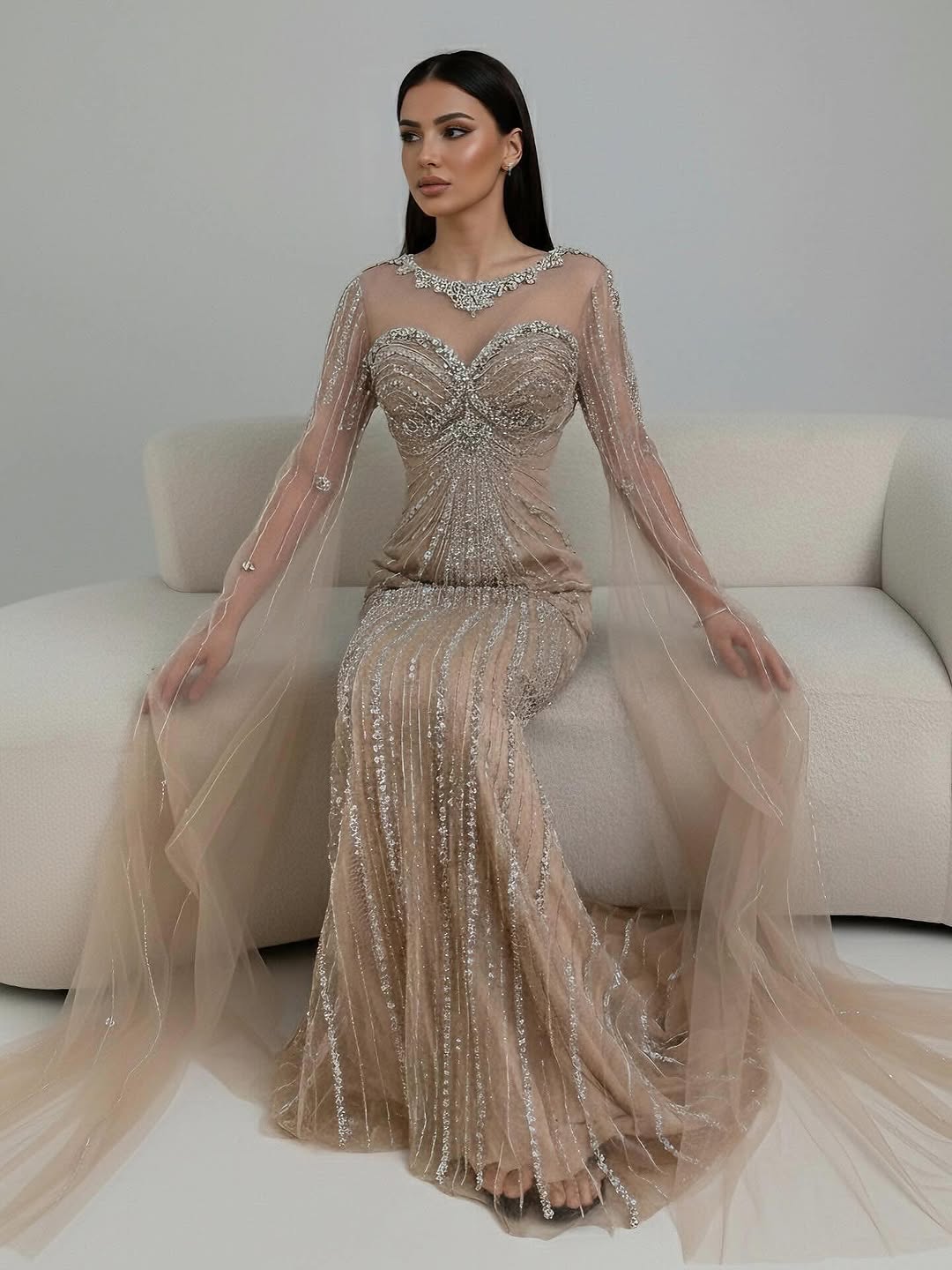 Wasisi Luxury Nude Beaded Evening Dress With Cape LA73115A