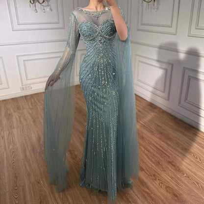 Wasisi Luxury Nude Beaded Evening Dress With Cape LA73115A