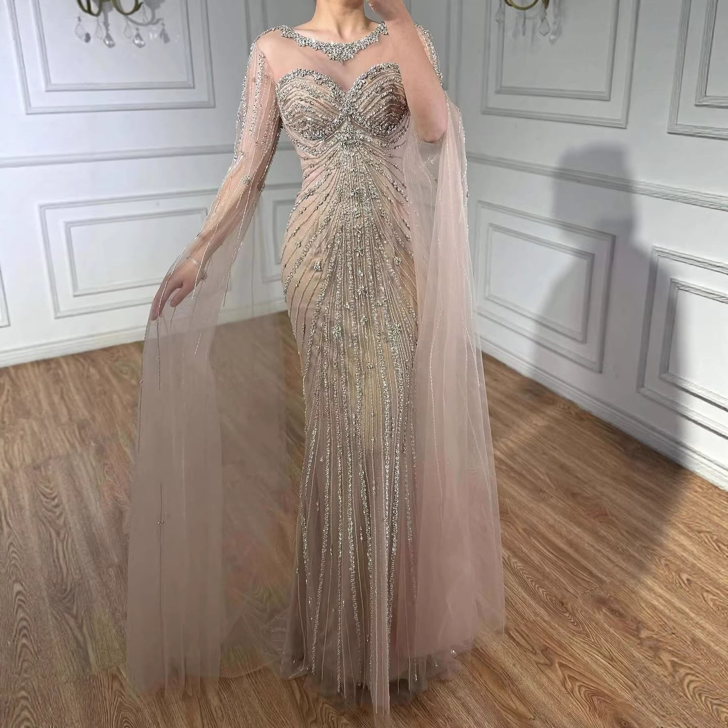 Wasisi Luxury Nude Beaded Evening Dress With Cape LA73115A