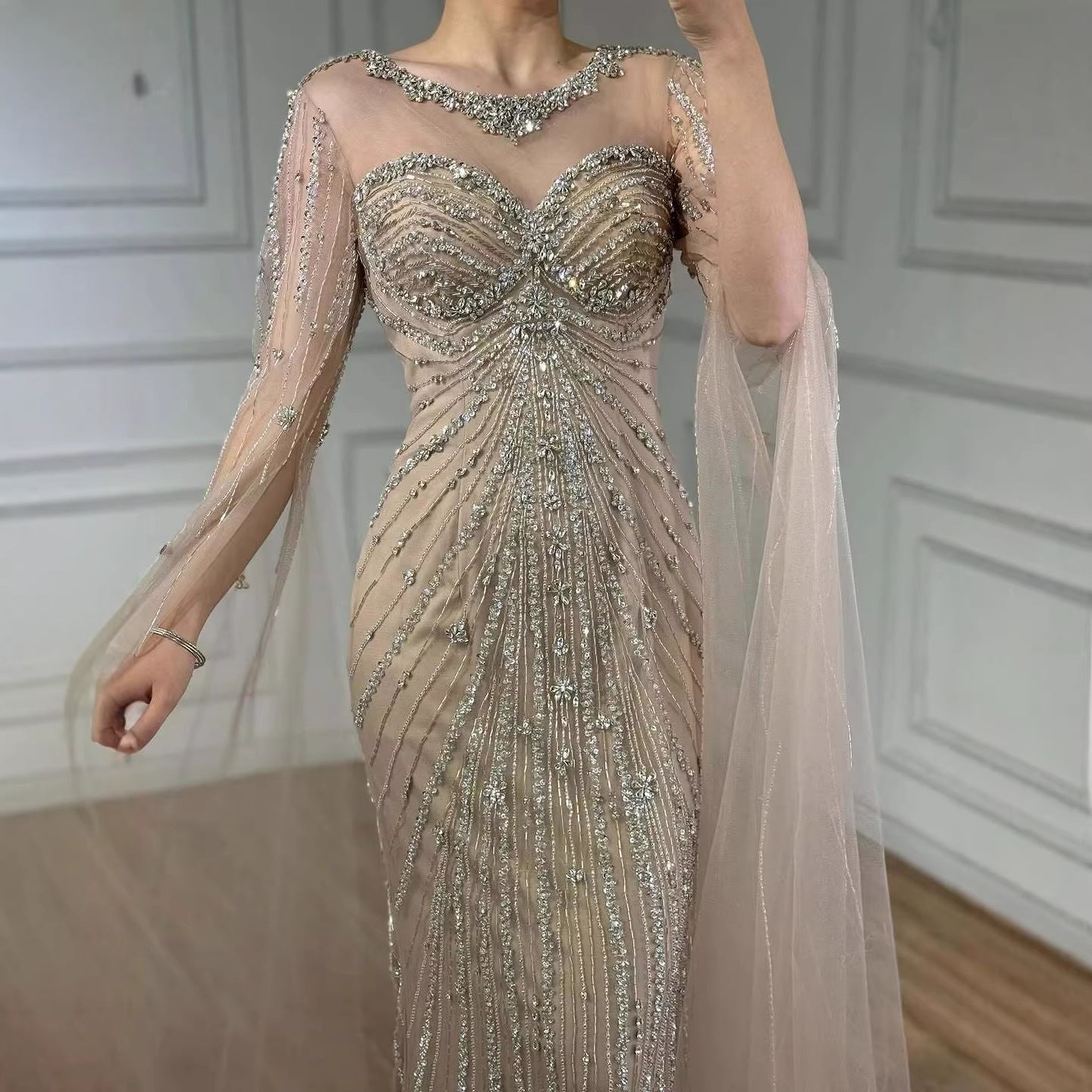 Wasisi Luxury Nude Beaded Evening Dress With Cape LA73115A
