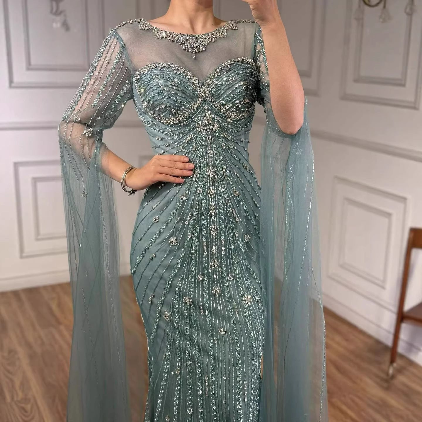 Wasisi Luxury Nude Beaded Evening Dress With Cape LA73115A