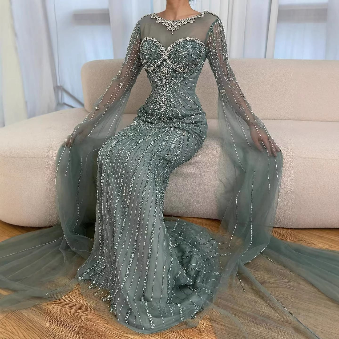 Wasisi Luxury Nude Beaded Evening Dress With Cape LA73115A