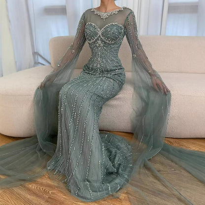 Wasisi Luxury Nude Beaded Evening Dress With Cape LA73115A