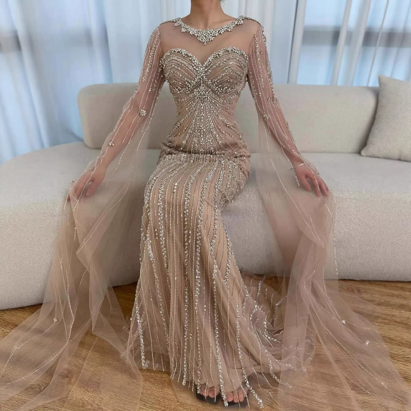 Wasisi Luxury Nude Beaded Evening Dress With Cape LA73115A