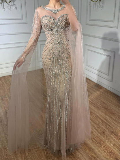 Wasisi Luxury Nude Beaded Evening Dress With Cape LA73115A