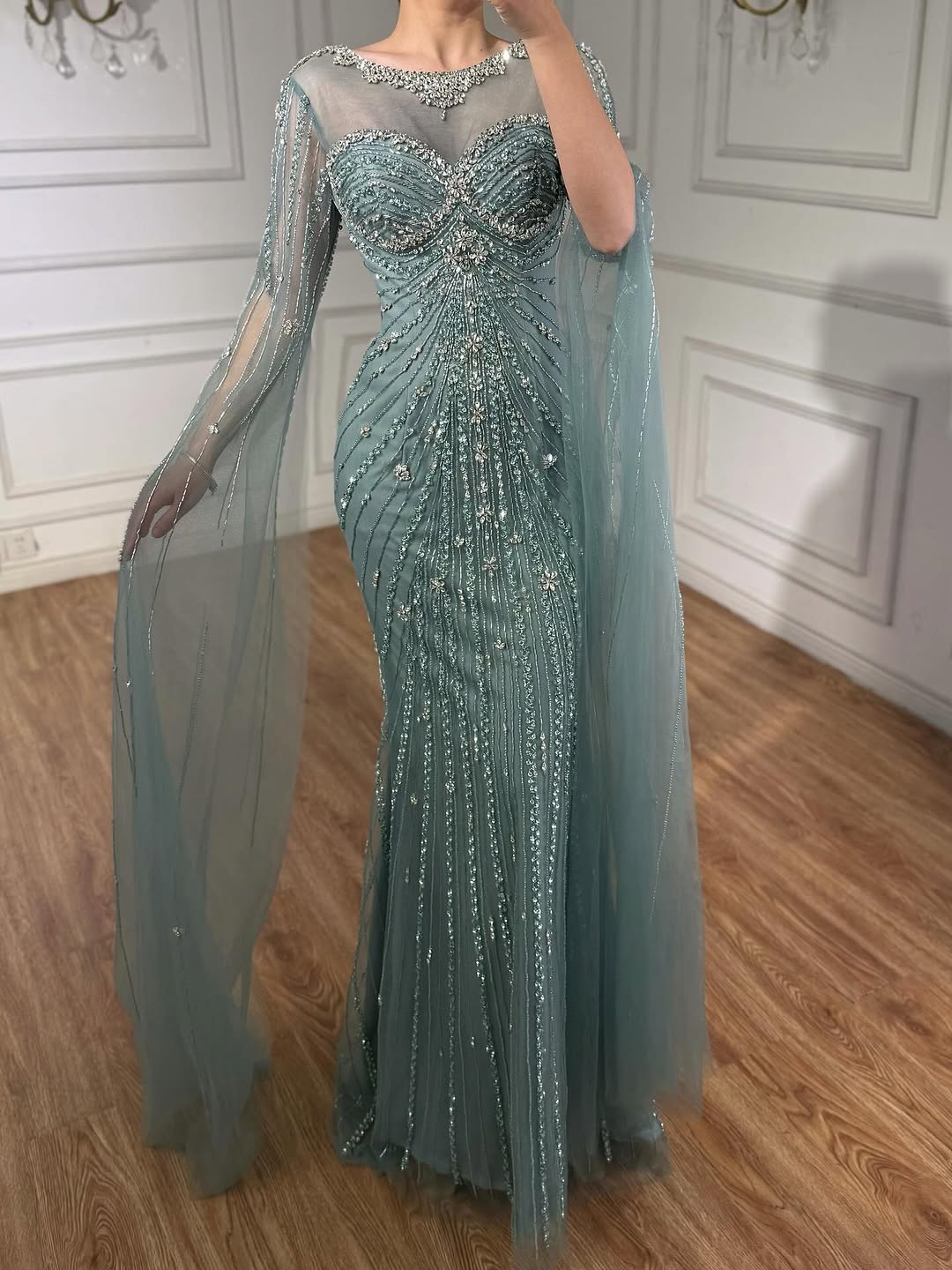 Wasisi Luxury Nude Beaded Evening Dress With Cape LA73115A