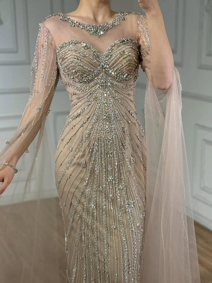 Wasisi Luxury Nude Beaded Evening Dress With Cape LA73115A