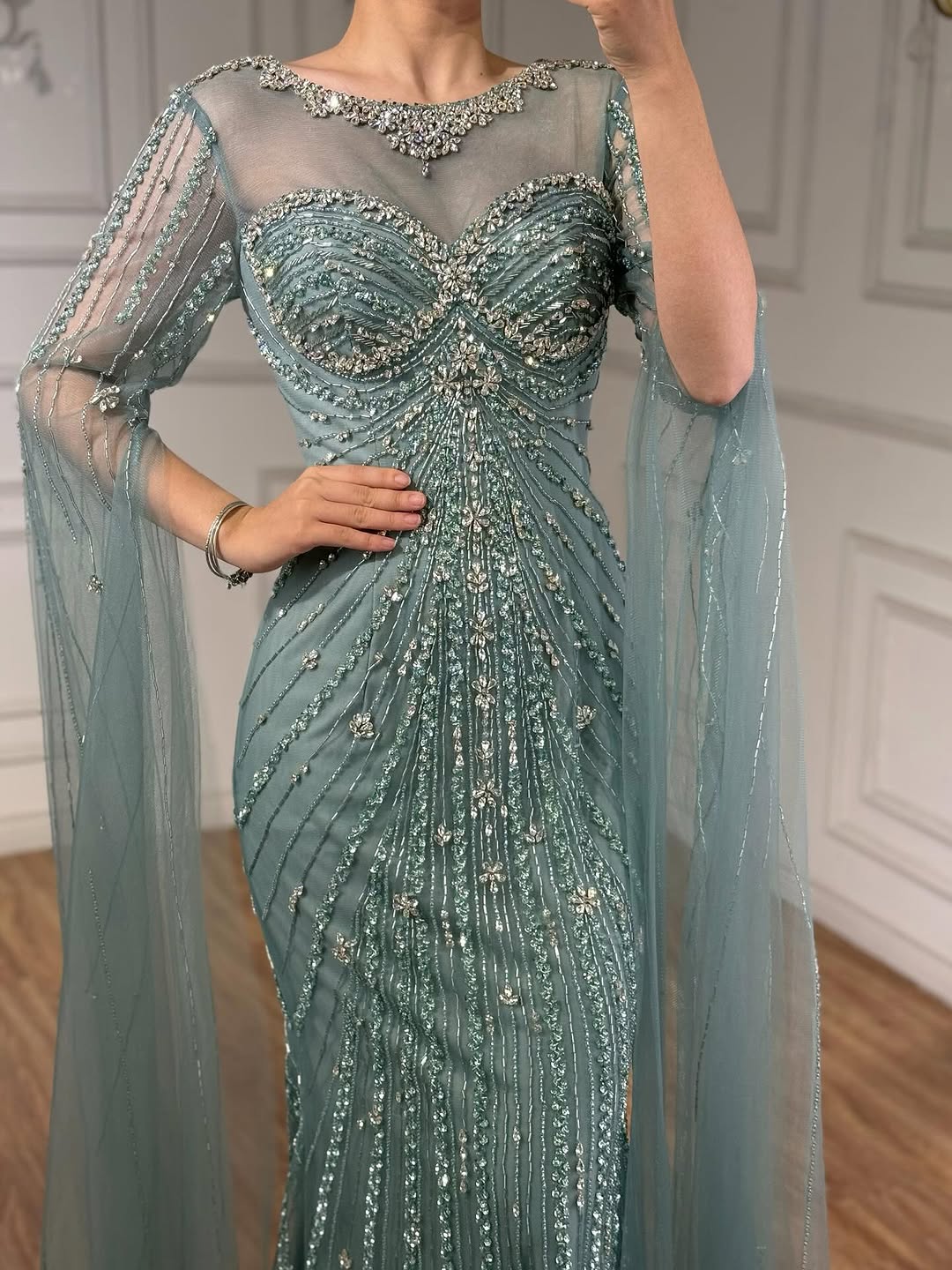 Wasisi Luxury Nude Beaded Evening Dress With Cape LA73115A