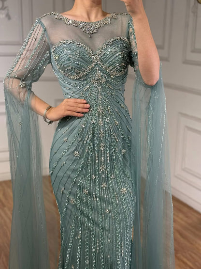 Wasisi Luxury Nude Beaded Evening Dress With Cape LA73115A