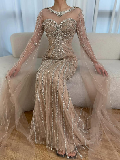 Wasisi Luxury Nude Beaded Evening Dress With Cape LA73115A