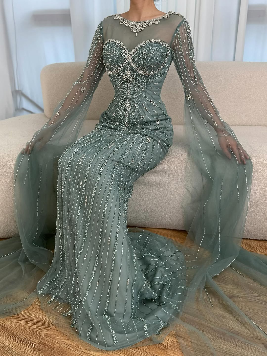 Wasisi Luxury Nude Beaded Evening Dress With Cape LA73115A