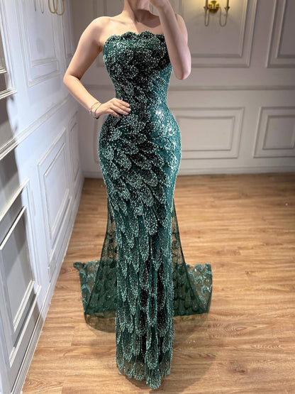 Luxury Green Strapless Beaded Mermaid Evening Dress LA73117A