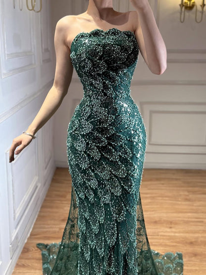 Luxury Green Strapless Beaded Mermaid Evening Dress LA73117A