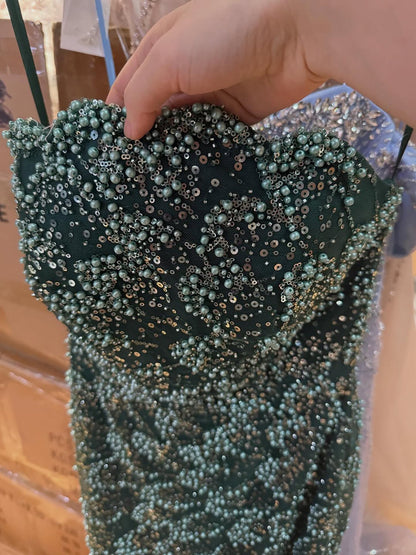 Luxury Green Strapless Beaded Mermaid Evening Dress LA73117A