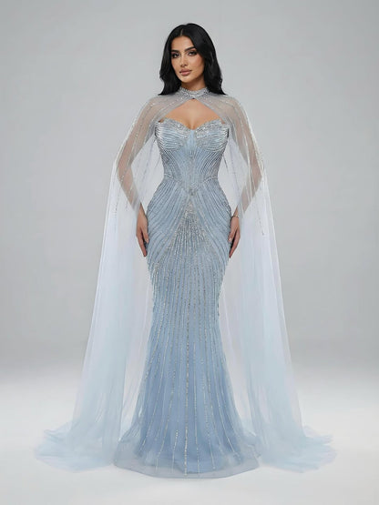 Luxury Nude Mermaid Evening Dress with Cape Sleeves LA73118