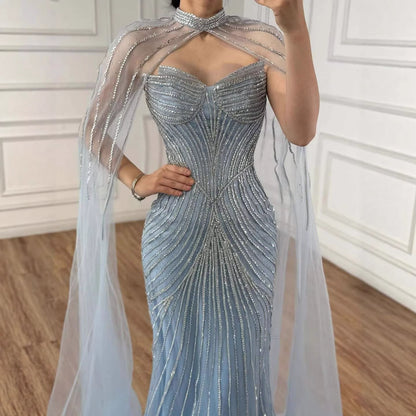 Luxury Nude Mermaid Evening Dress with Cape Sleeves LA73118