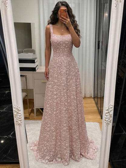 Luxury Pink 3D Floral Beaded A-Line Evening Dress LA73119A