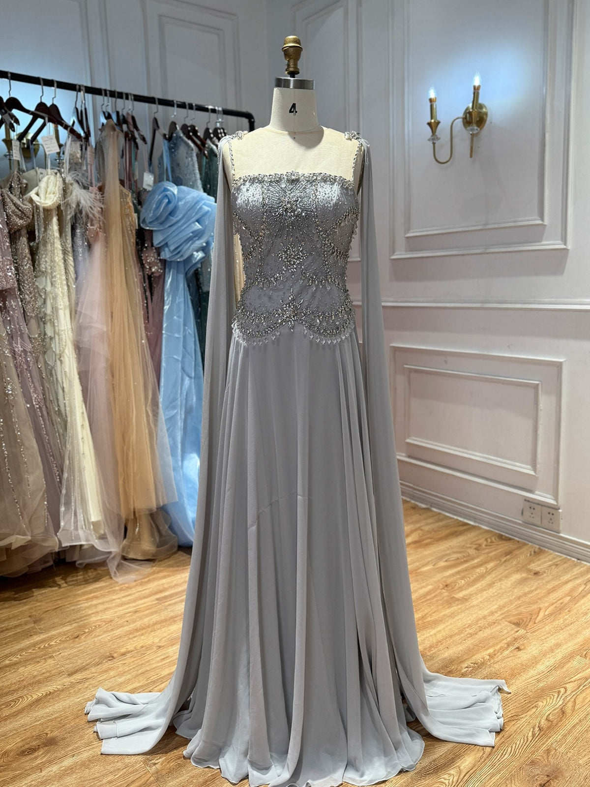 Luxury Silver Chiffon Cape Evening Dress with Beaded Bodice LA73123