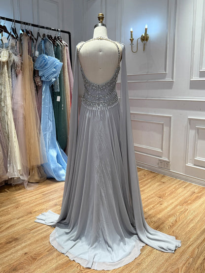 Luxury Silver Chiffon Cape Evening Dress with Beaded Bodice LA73123
