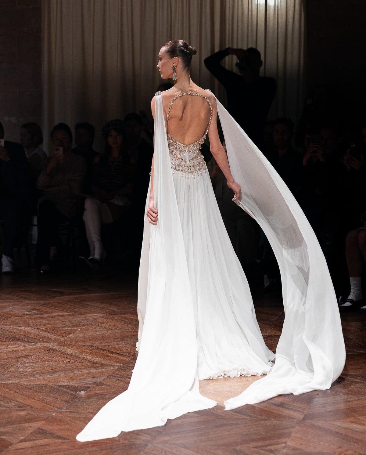 Luxury Silver Chiffon Cape Evening Dress with Beaded Bodice LA73123