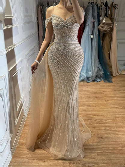 Luxury Nude Off Shoulder Beaded Mermaid Gown with Overskirt LA73139A