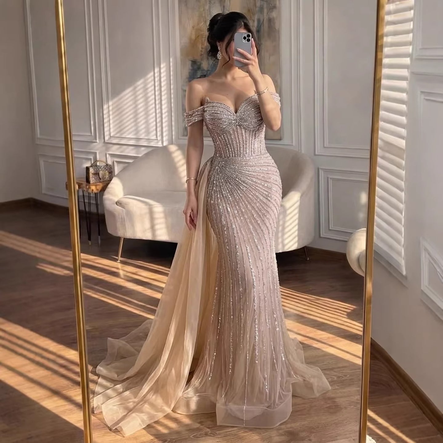 Luxury Nude Off Shoulder Beaded Mermaid Gown with Overskirt LA73139A