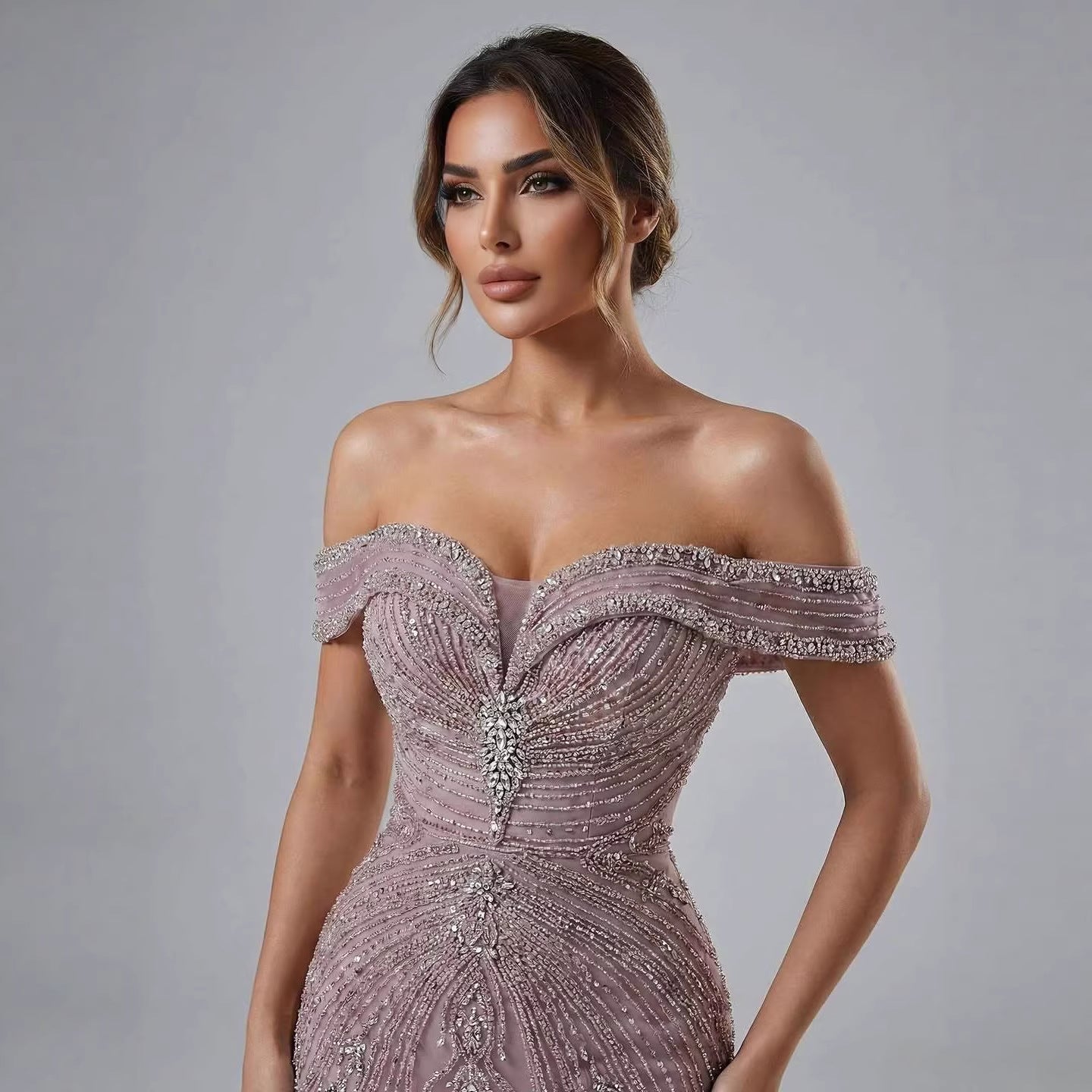 Luxury Pink Strapless Off The Shoulder Elegant Beaded Mermaid Evening Dress LA73140