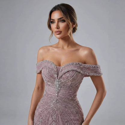 Luxury Pink Strapless Off The Shoulder Elegant Beaded Mermaid Evening Dress LA73140