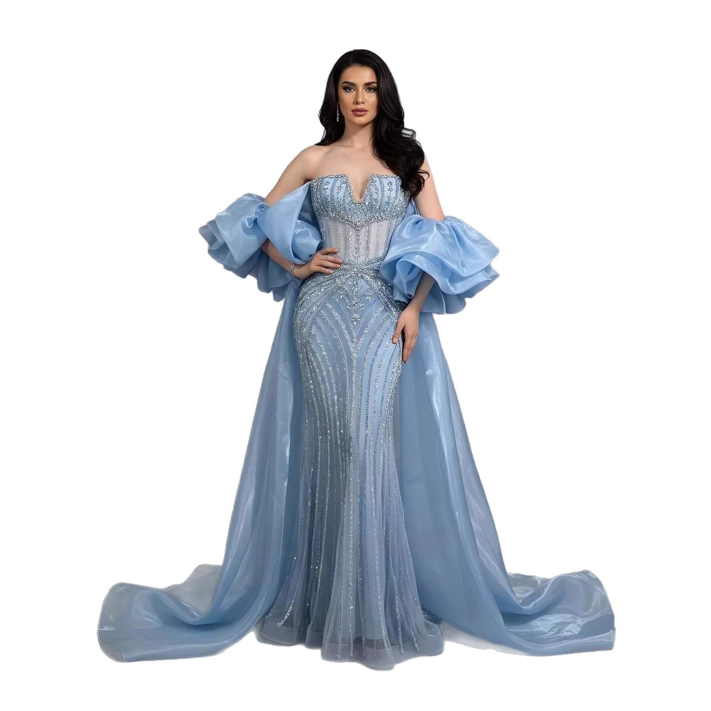 Luxury Light Blue Diamond Evening Dress With Ruffle Cape LA73141
