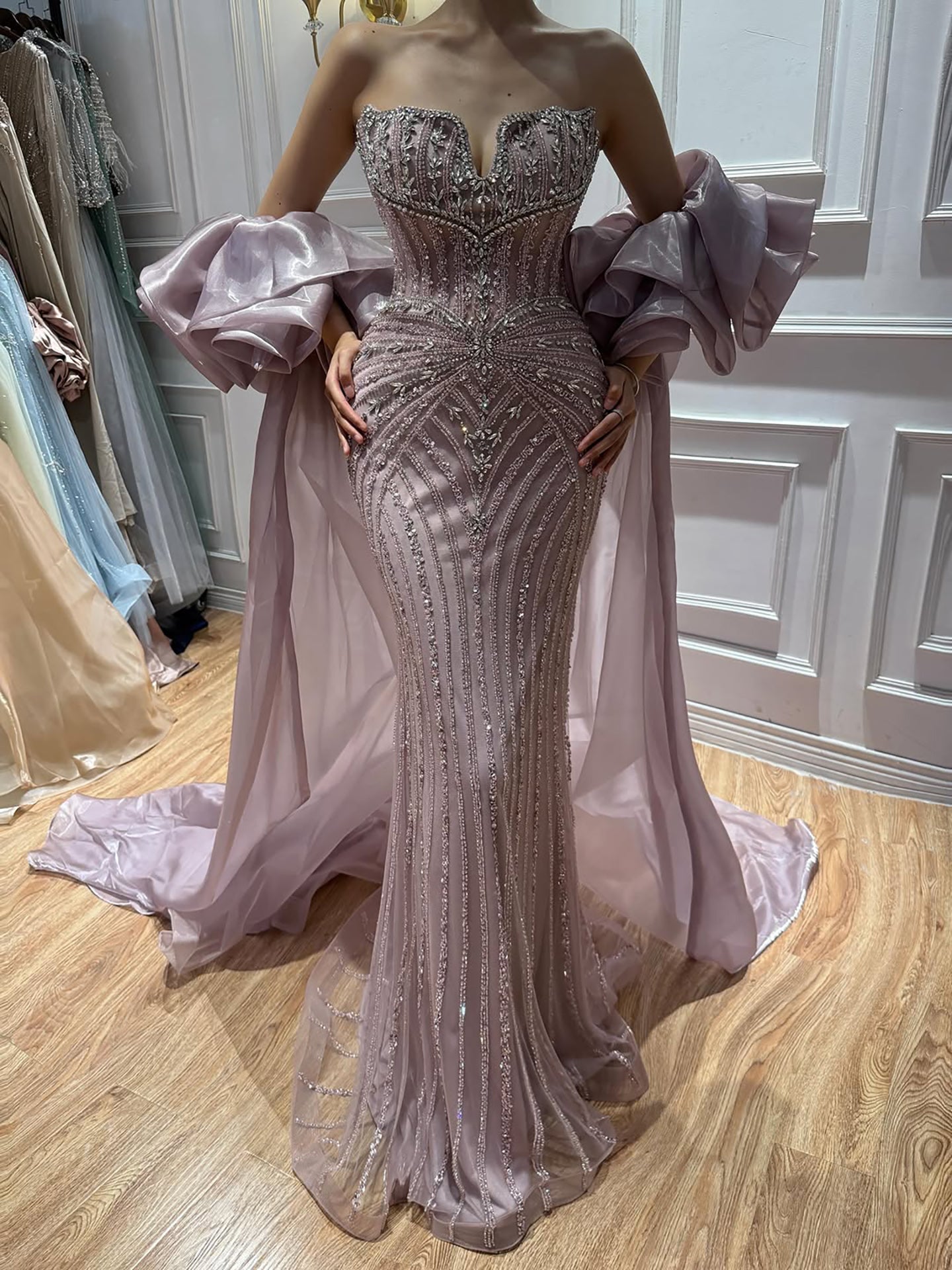 Luxury Light Blue Diamond Evening Dress With Ruffle Cape LA73141