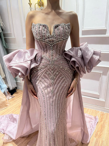 Luxury Light Blue Diamond Evening Dress With Ruffle Cape LA73141