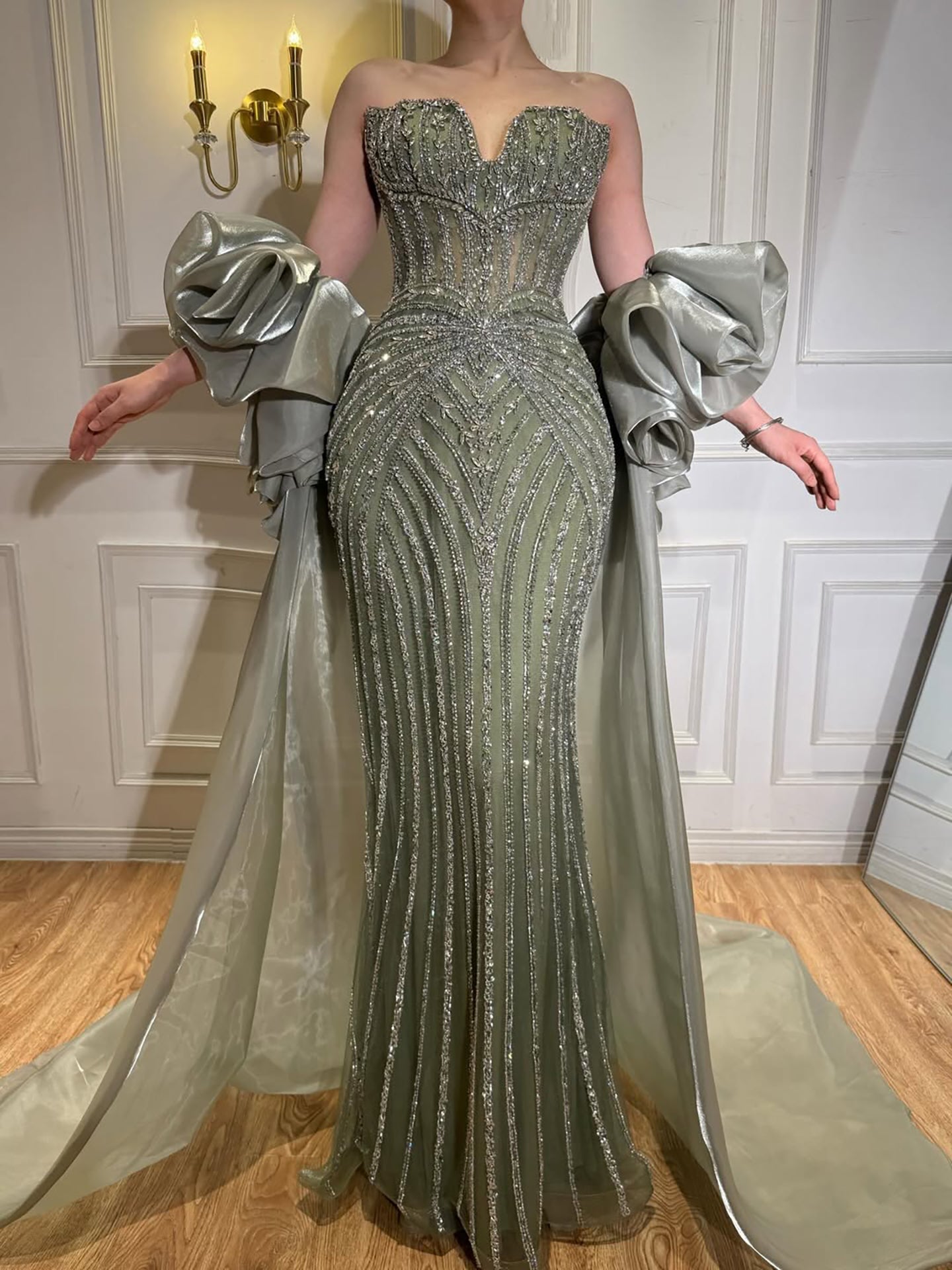 Luxury Light Blue Diamond Evening Dress With Ruffle Cape LA73141